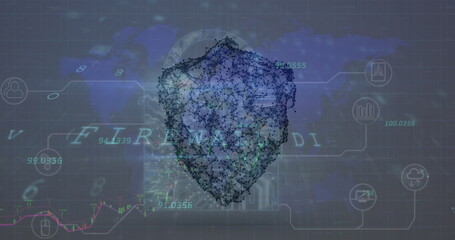 Image of cyber security data processing over security shield icon against world map