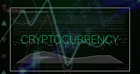 Image of cryptocurrency text, statistics and data processing