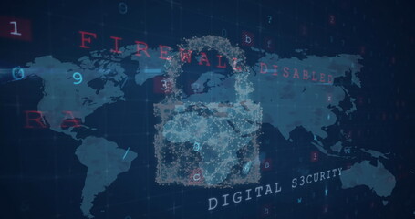 Image of cyber security concept icons and data processing against world map on blue background