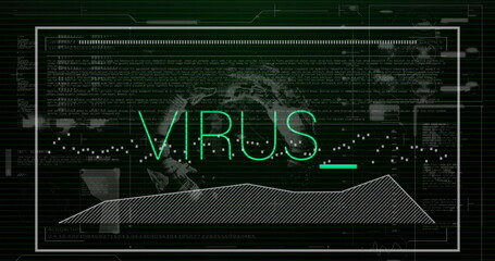 Image of virus text, statistics and data processing