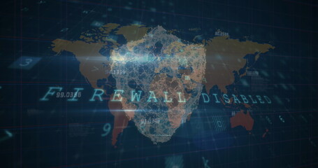 Image of cyber security concept icons and data processing against world map on blue background