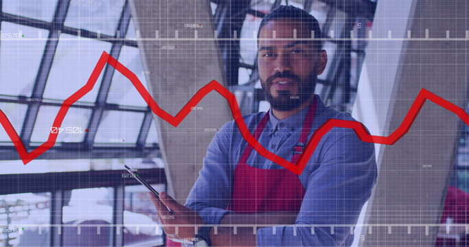 Image of data processing over biracial male barista using smartphone