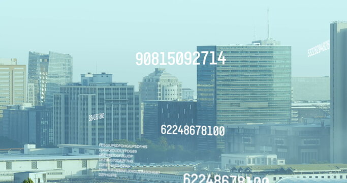 Fototapeta Image of changing numbers over buildings against clear sky