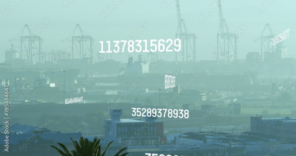 Poster image of changing numbers and computer language over fog covered modern city