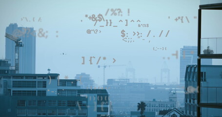Image of multiple looping symbols over buildings and drone flying against clear sky