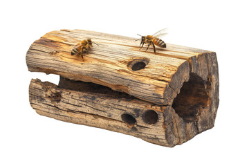 Wooden Bee House with Bees on Isolated Background