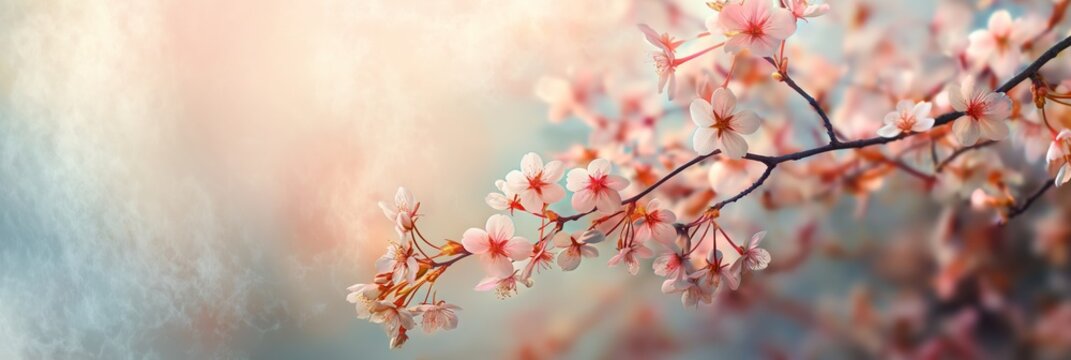 Soft pink cherry blossoms stretch across the frame, evoking the rebirth and beauty of spring in a dreamlike haze