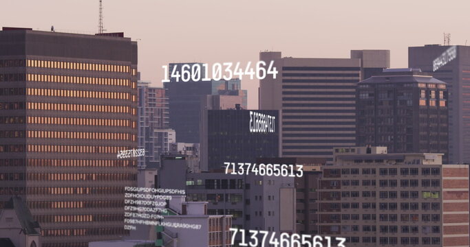 Image of numbers and data processing over cityscape