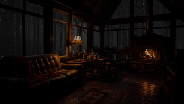 Spending Night with Rain Sounds Ambience for Sleep, Relax Meditation in Cozy Cabin Balcony