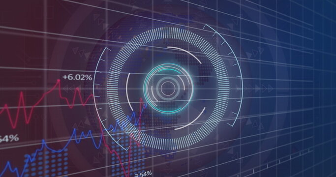 Image of round scanner and statistical data processing against purple gradient background