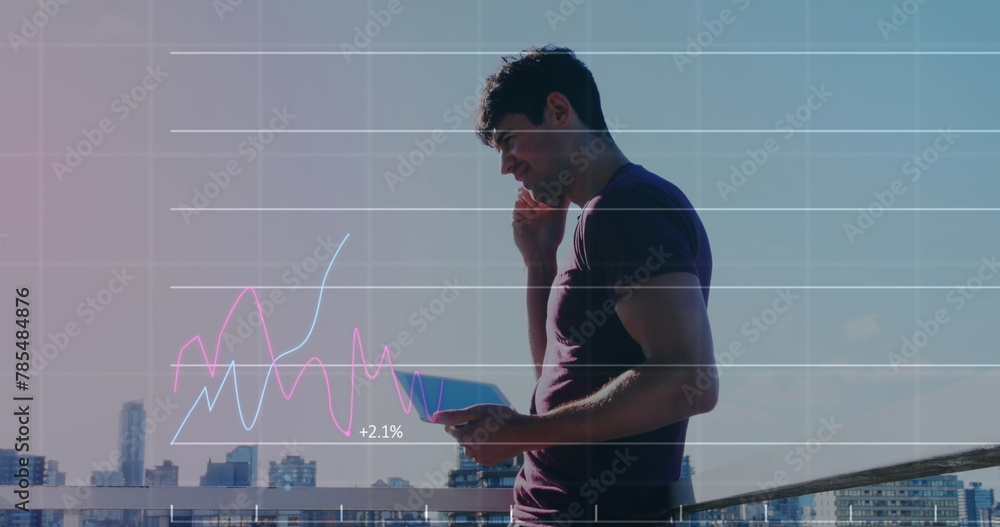Poster image of multiple graphs representing growth over caucasian man holding tablet talking on phone