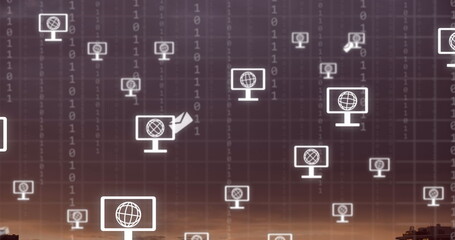 Image of network of screen icons with globes over landscape