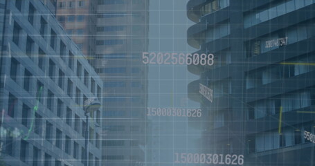 Image of multiple graphs, database, changing numbers over modern buildings in city