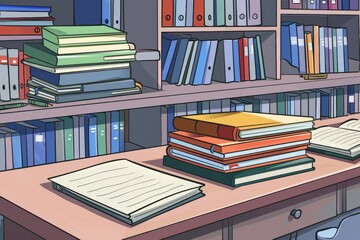 A stack of textbooks and notebooks on a desk in a classroom illustration
