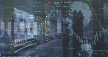 Image of trading board, globes, graphs over interior of modern building with columns in city