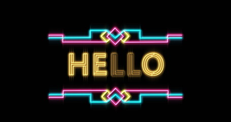 Image of hello text between illuminated abstract patterns against black background