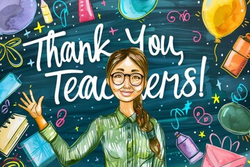 A teacher standing in front of a chalkboard with "Thank You, Teachers!" written in colorful chalk art illustration
