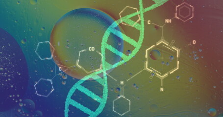 Image of bubbles over dna strand and chemical formula on colorful background