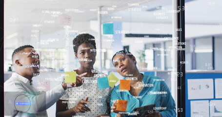Image of business words and numbers over diverse colleagues discussing over notes on glass wall