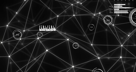 Image of network of connections with glowing nodes over black background
