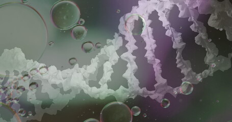 Image of bubbles over dna strand on blurred background
