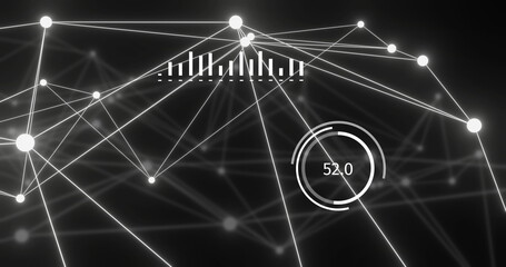 Image of data processing, network of connections with glowing nodes over black background