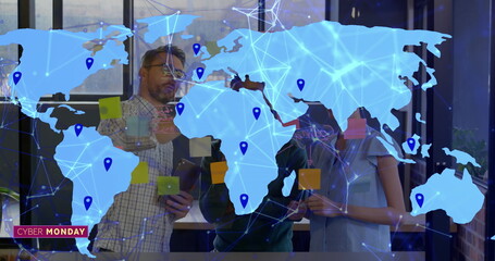 Image of map with gps and connected dots over diverse colleagues discussing over sticky notes