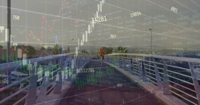 Image of infographic interface over caucasian young man running on bridge against cityscape - Powered by Adobe