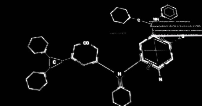 Image of chemical structures and data processing against black background