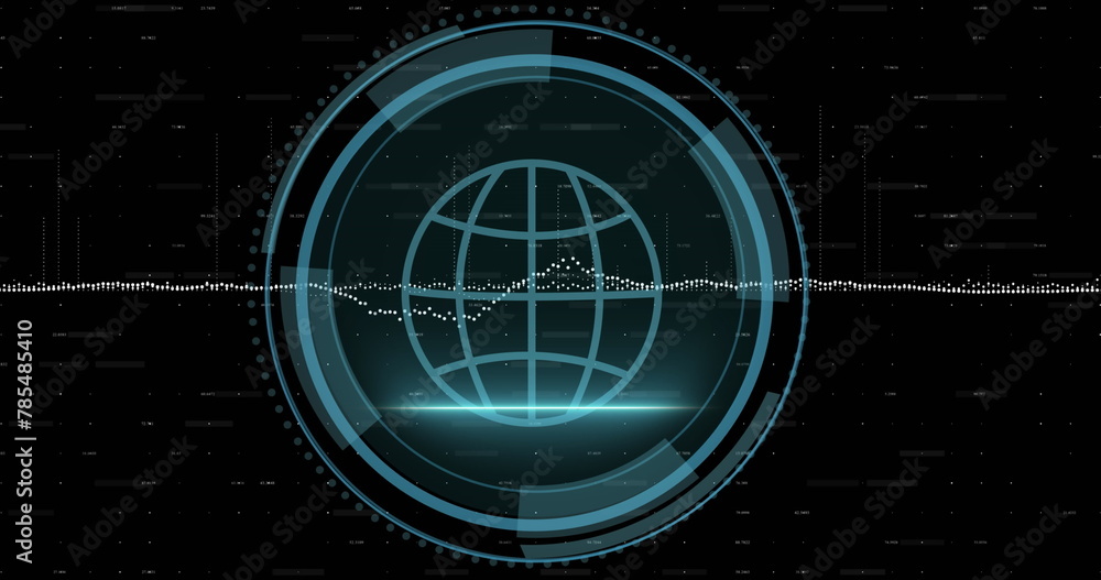 Poster image of graphs over globe, cyber security text in shield, loading circles on black background