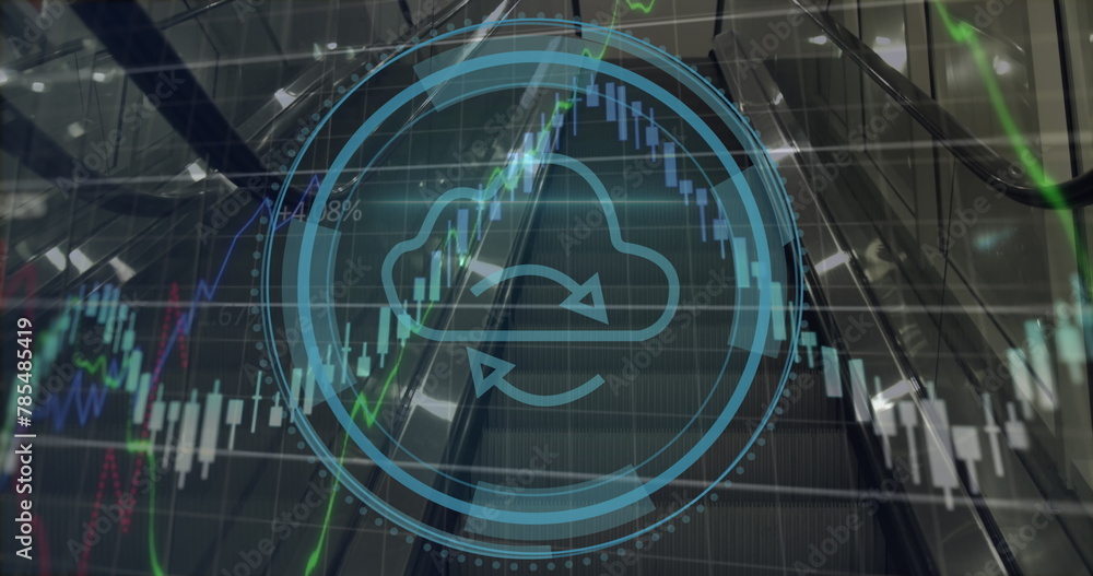 Poster image of cyber security text, cloud, arrows in loading circles, shield, graphs over escalators