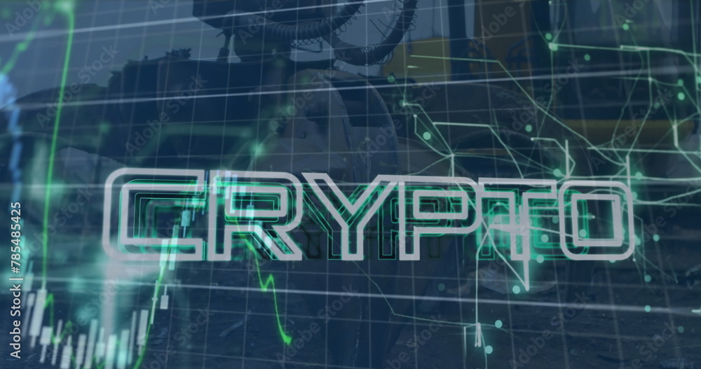Poster image of graphs, crypto text over close up of claw of crane moving in junkyard