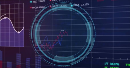 Image of shield in loading circles over multiple graphs, trading boards and computer language