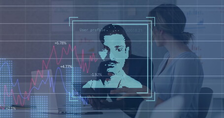 Image of digital profile picture, multiple graphs, diverse female coworkers discussing on desk