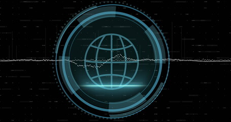 Image of graphs over globe, cyber security text in shield, loading circles on black background