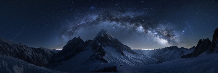 A breathtaking panoramic night sky features the Milky Way stretching over the snowy peaks, capturing the vastness of space