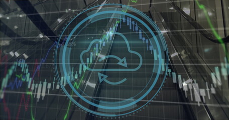 Image of cyber security text, cloud, arrows in loading circles, shield, graphs over escalators