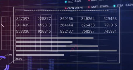 Image of interface with statistical and stock market data processing against blue background