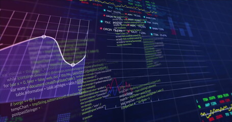 Image of computer language, graphs and trading boards over black background - Powered by Adobe
