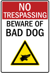 Beware of dog warning sign no trespassing