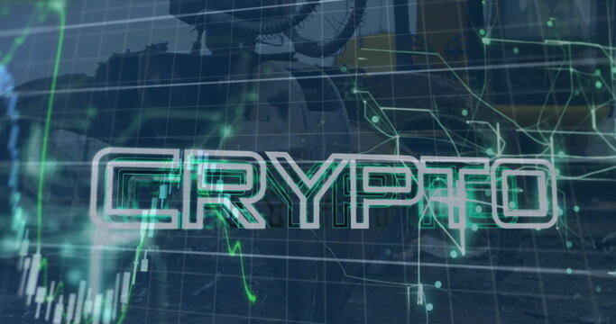 Image of graphs, crypto text over close up of claw of crane moving in junkyard - Powered by Adobe