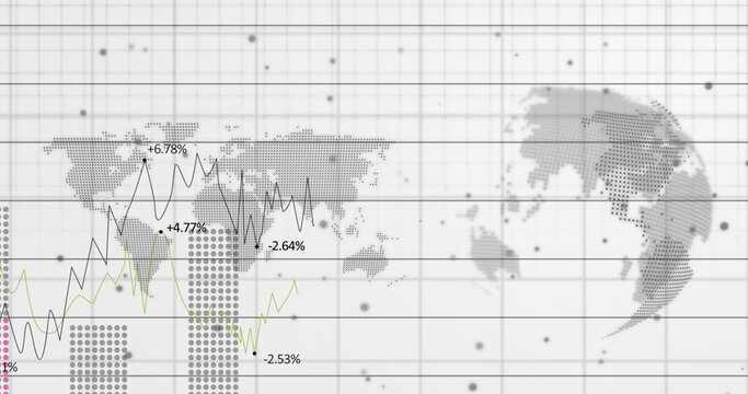 Image of statistical data processing over world map and spinning globe against white background