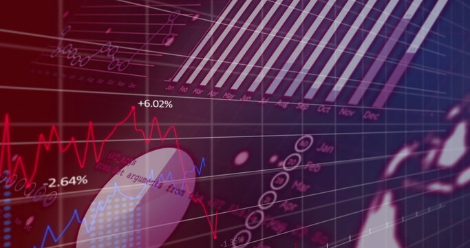 Image of statistical data processing and spinning globe against purple gradient background