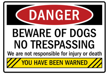 Beware of dog warning sign no trespassing. We are not responsible for injury or death. You have been warned