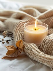 Fototapeta na wymiar Aromatherapy Candle Illuminated in a Cozy, Warm Setting. Concept, Spa Accessories for Relaxation