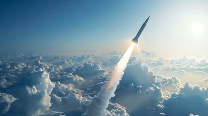 Missile flying through sky. Leaving behind trail of smoke