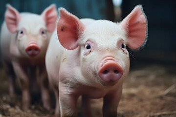 Funny piglets on the farm. Happy farm animals.