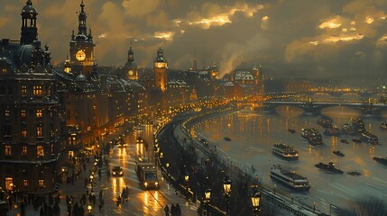 Majestic Evening Cityscape with Illuminated Streets and River
