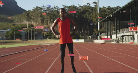 Image of notification bars, african american athlete standing arms on waist in race track - Powered by Adobe
