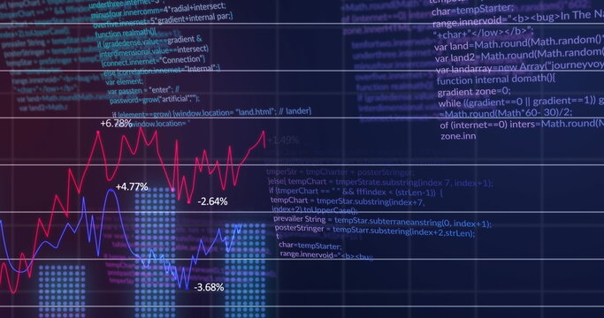 Image of statistical data processing over grid network against blue background